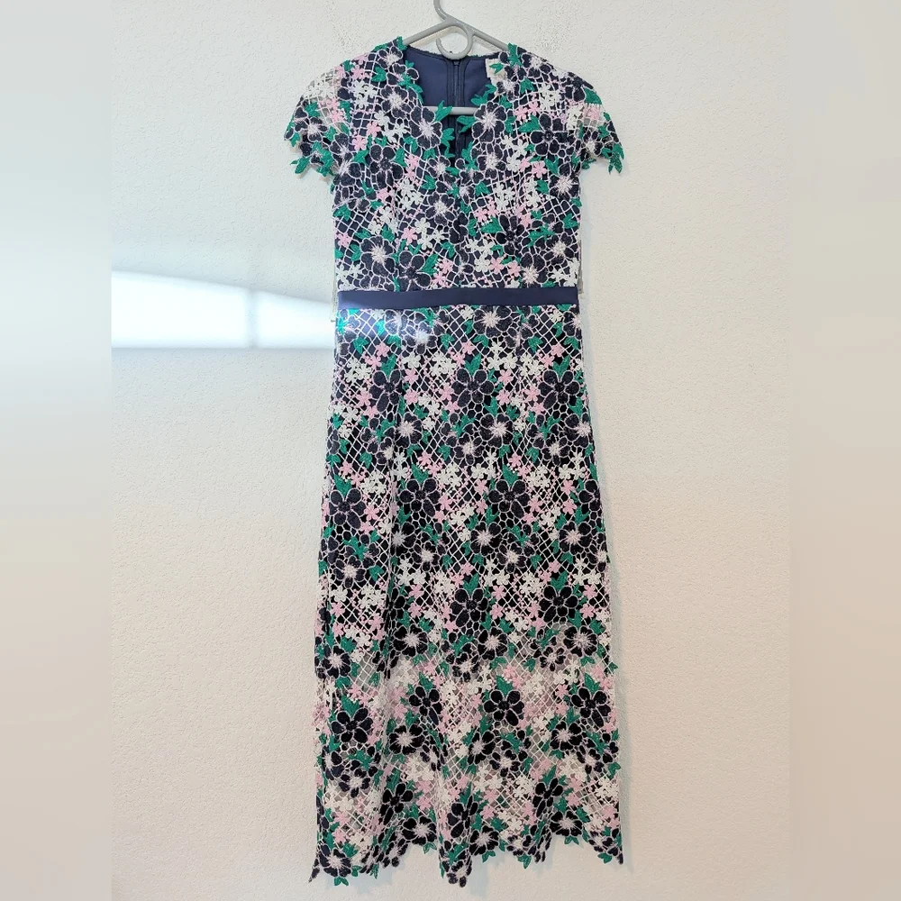 Anthropologie Green Purple Floral Crochet Embroidered Cap Sleeve Midi Dress SM - Picture 6 of 11